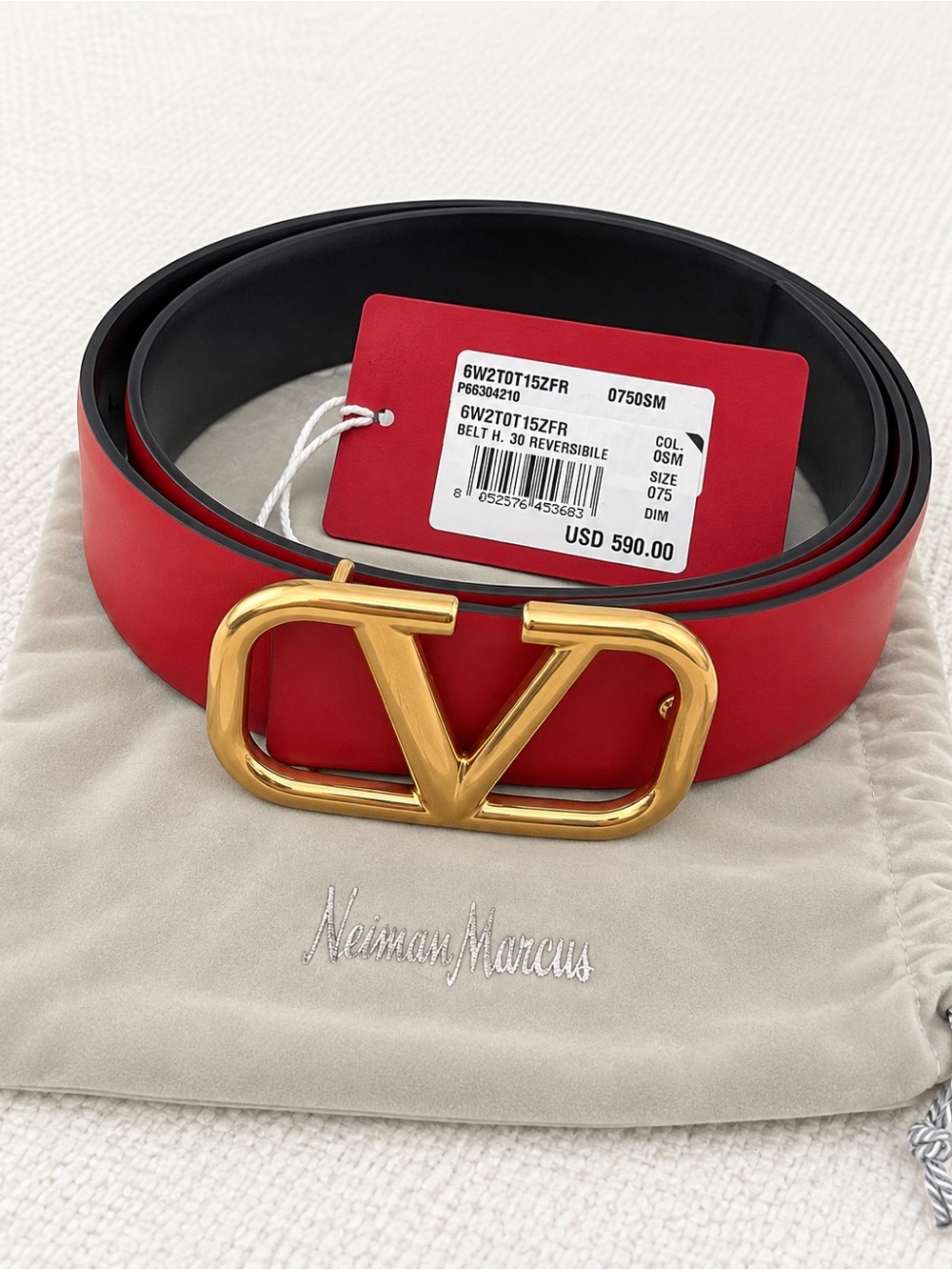 Valentino Garavani VLogo Signature Reversible Belt 30mm Black/Red Size 75 NWT